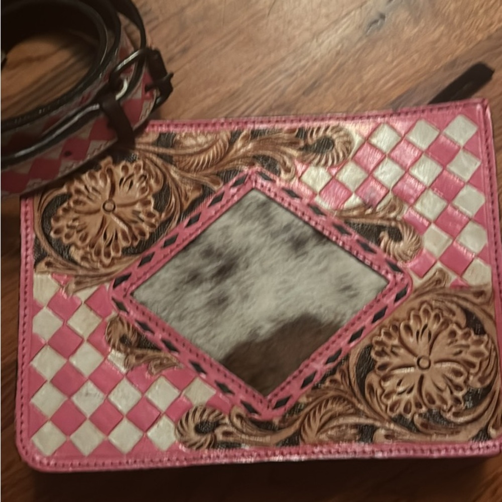 Western Tooled Leather Clutch / crossbody with Cowhide and Pink Accents